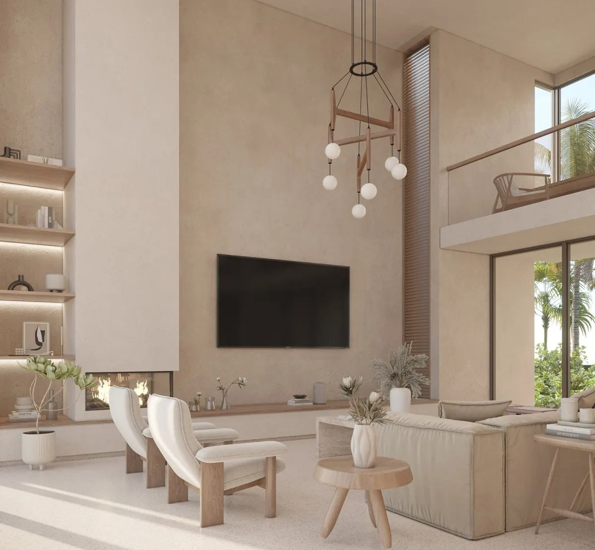 Double-height living room with fireplace, mezzanine and tall timber louver