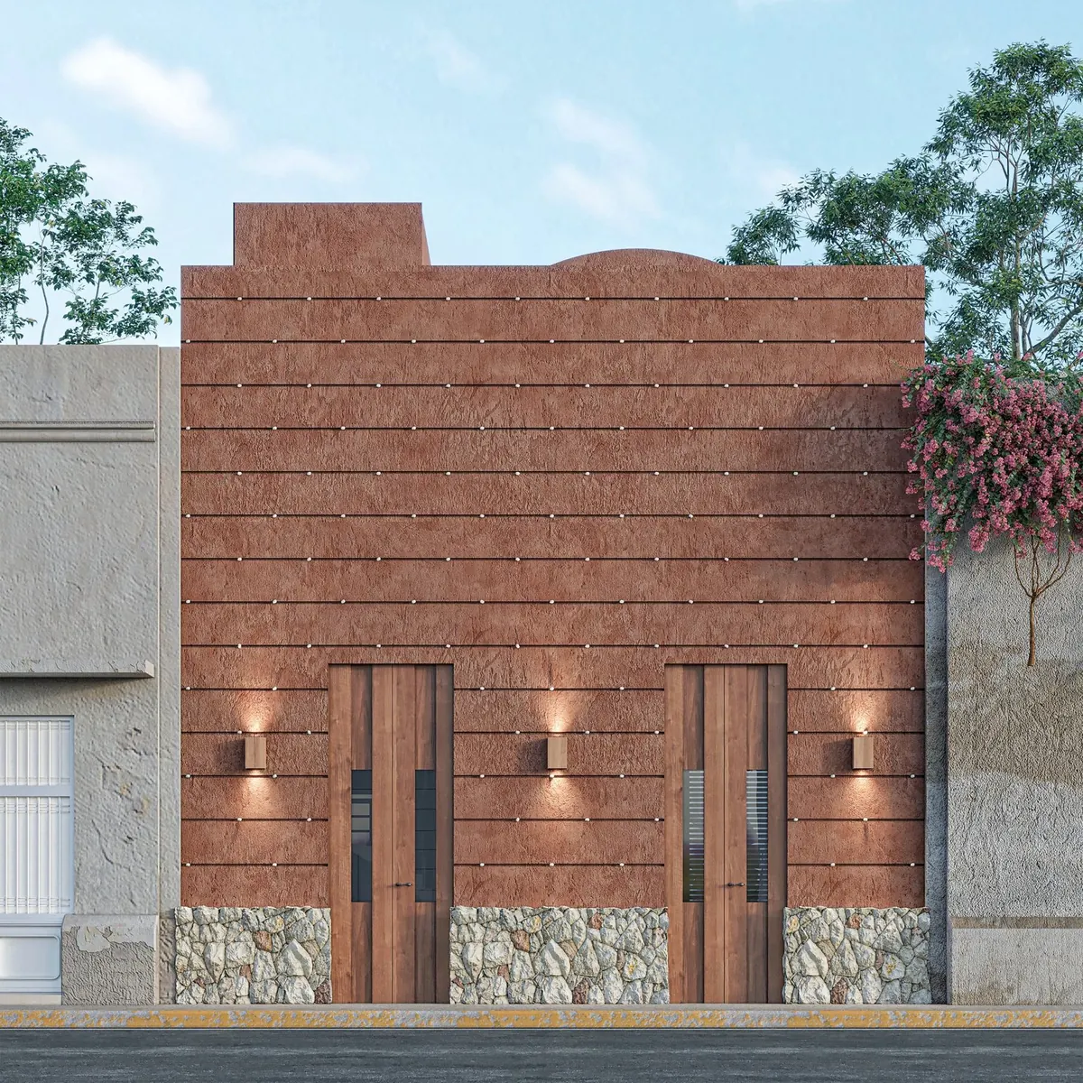 Visualization of the new façade in earth-toned plaster with two timber doors and a stone base