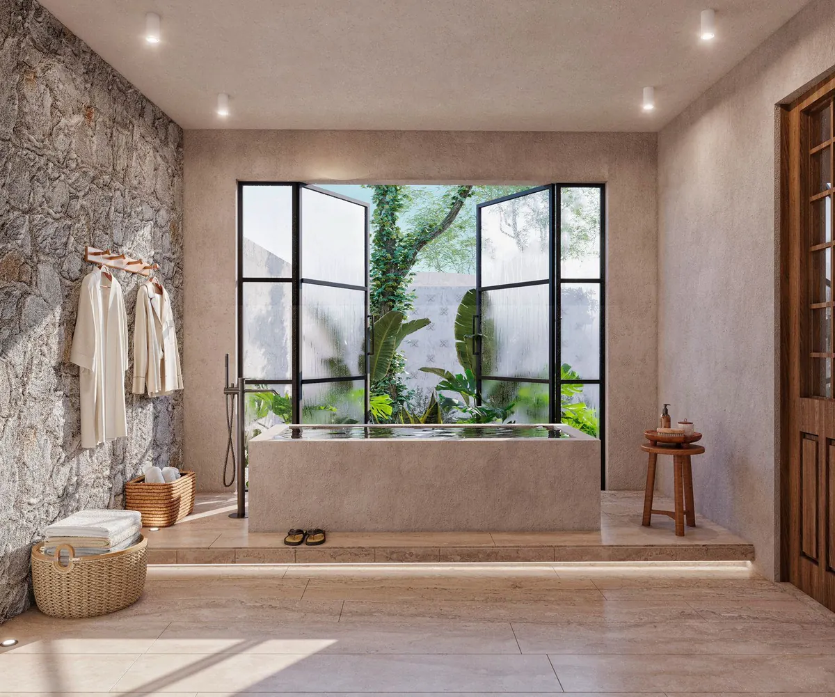 Visualization of the bathroom with a plaster tub and steel doors onto a planted patio