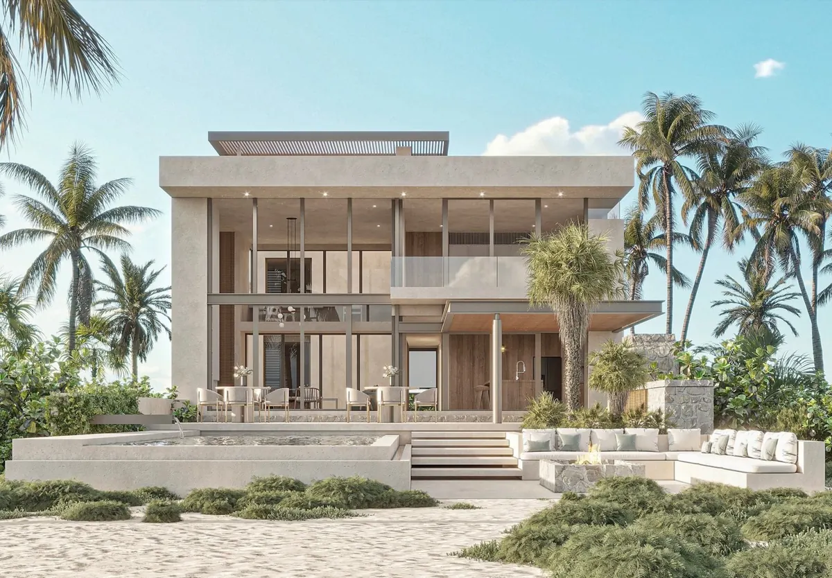 Visualization of Sisal House from the beach: glazed double-height living room, raised pool and fire-pit lounge