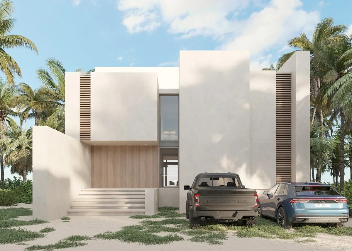 Street side: closed plaster volumes, timber louvers and entrance stair