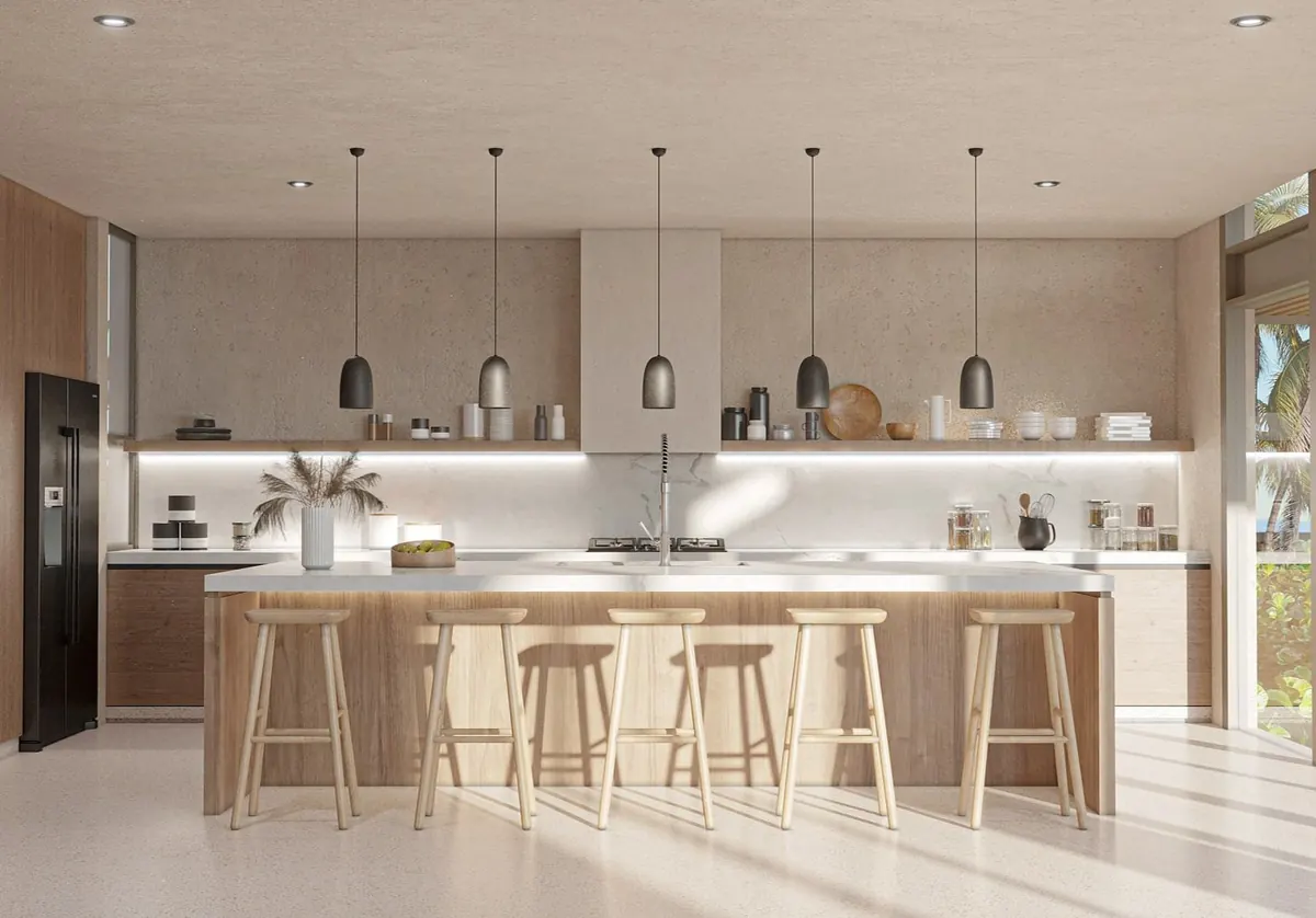 Kitchen with oak island, five pendant lamps and open shelving