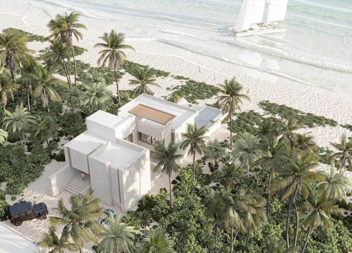 Aerial render of Sisal House on the beach