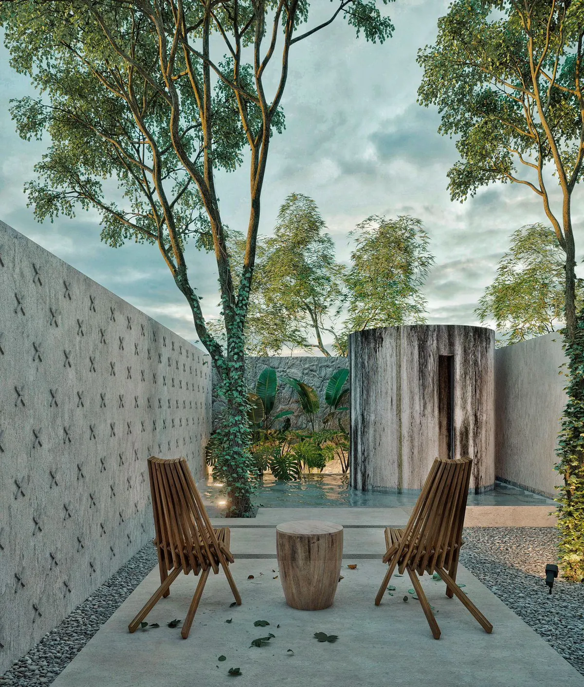 Visualization of the courtyard with the aljibe turned into a plunge pool