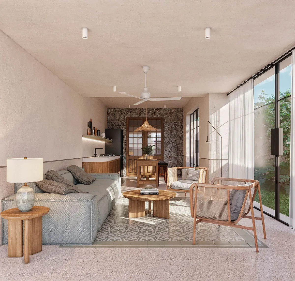 Visualization of the living room with cement tiles and a glazed wall onto the garden