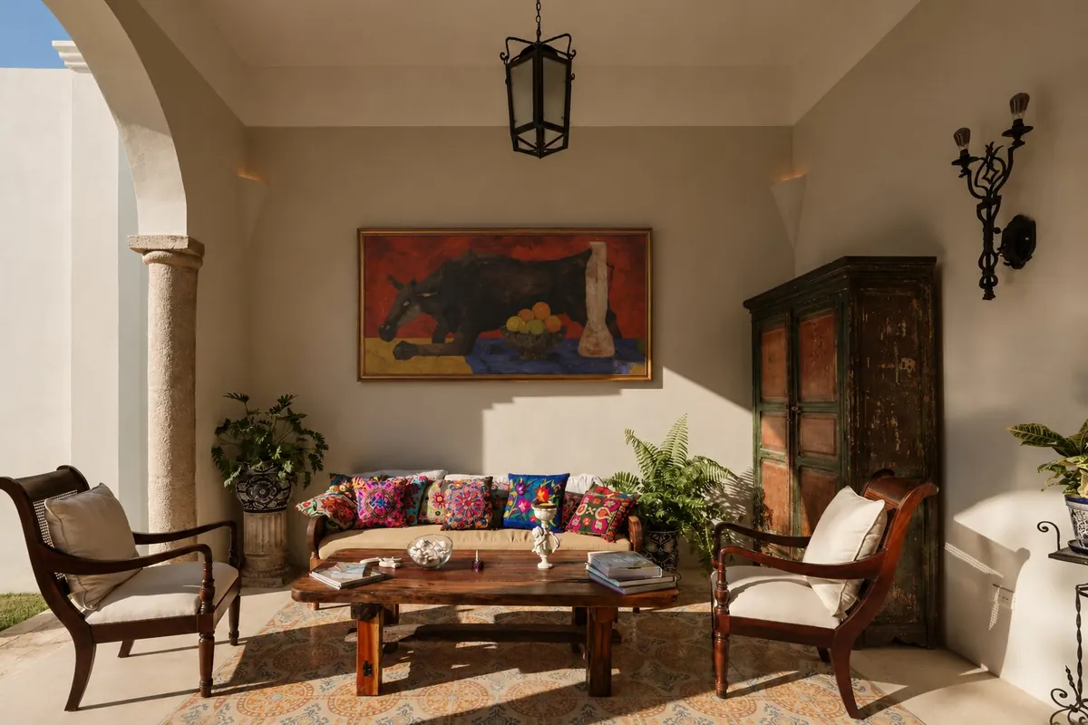 Covered patio at Casa Dos Sueños with stone column, arch, antique furniture and Mexican art