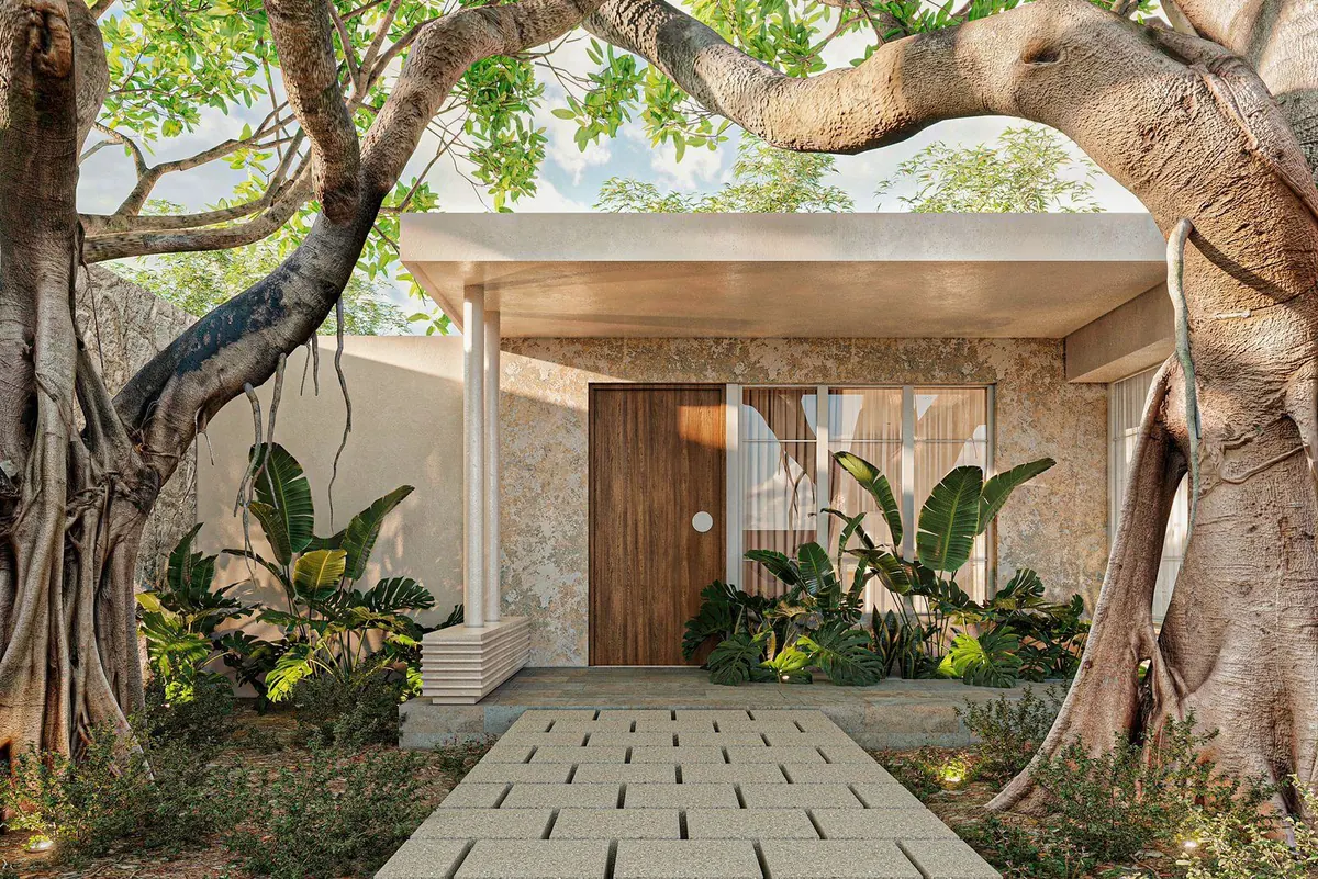 Visualization of the entrance porch with a timber door and planting