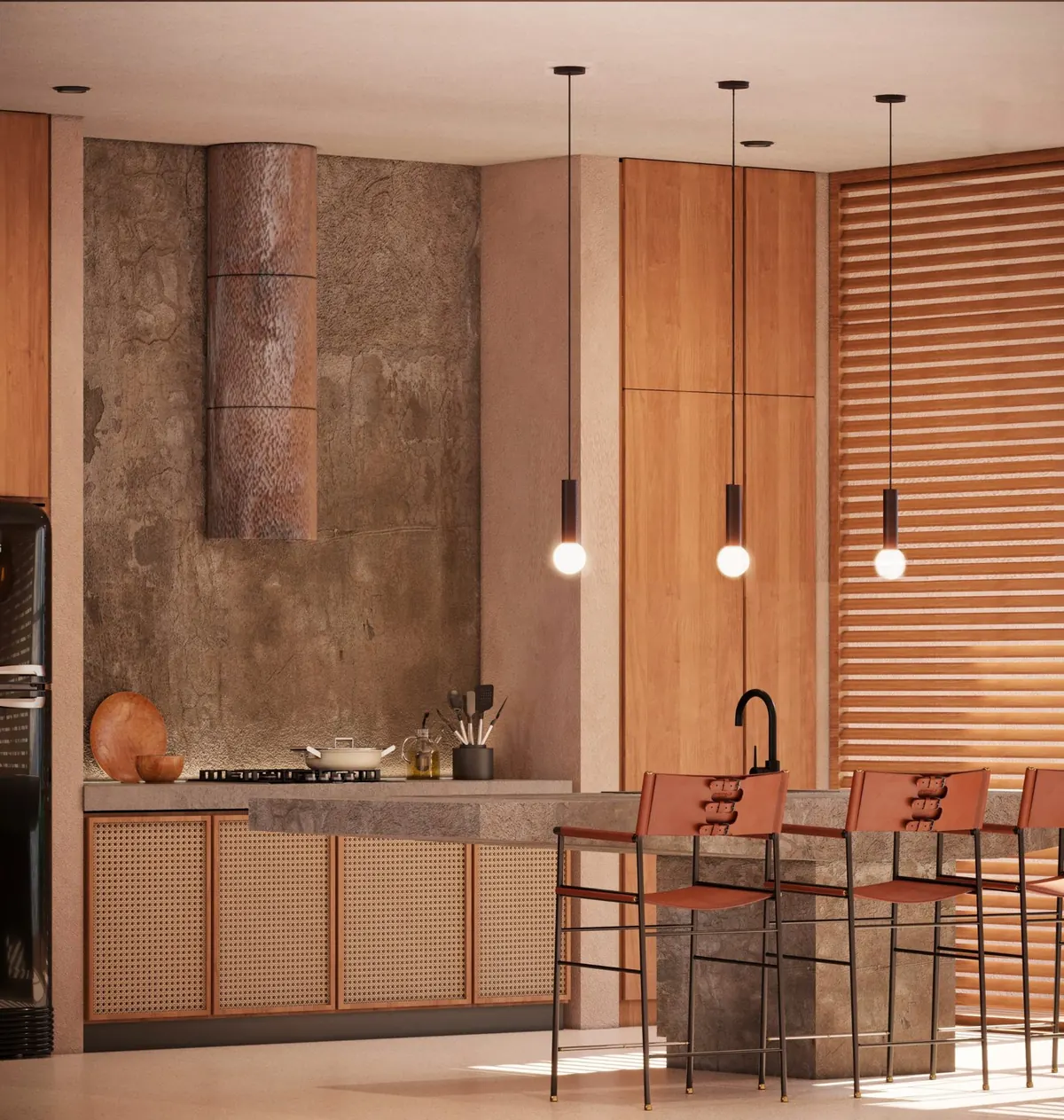 Kitchen with textured plaster, copper hood, cane cabinets and leather stools