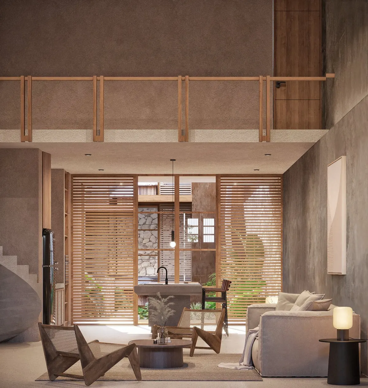 Double-height living room with timber louvers opening onto the patio