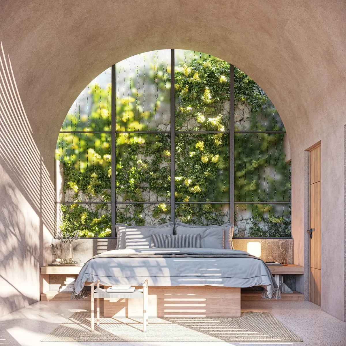 Visualization of the bedroom under the barrel vault, with an arched window onto a planted stone wall