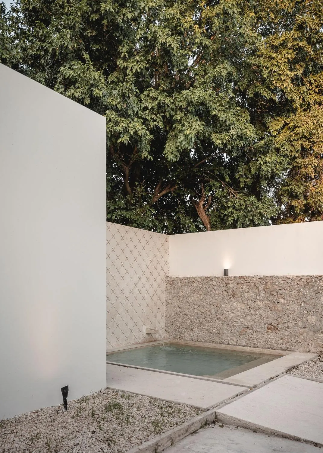 Courtyard plunge pool with carved stone wall